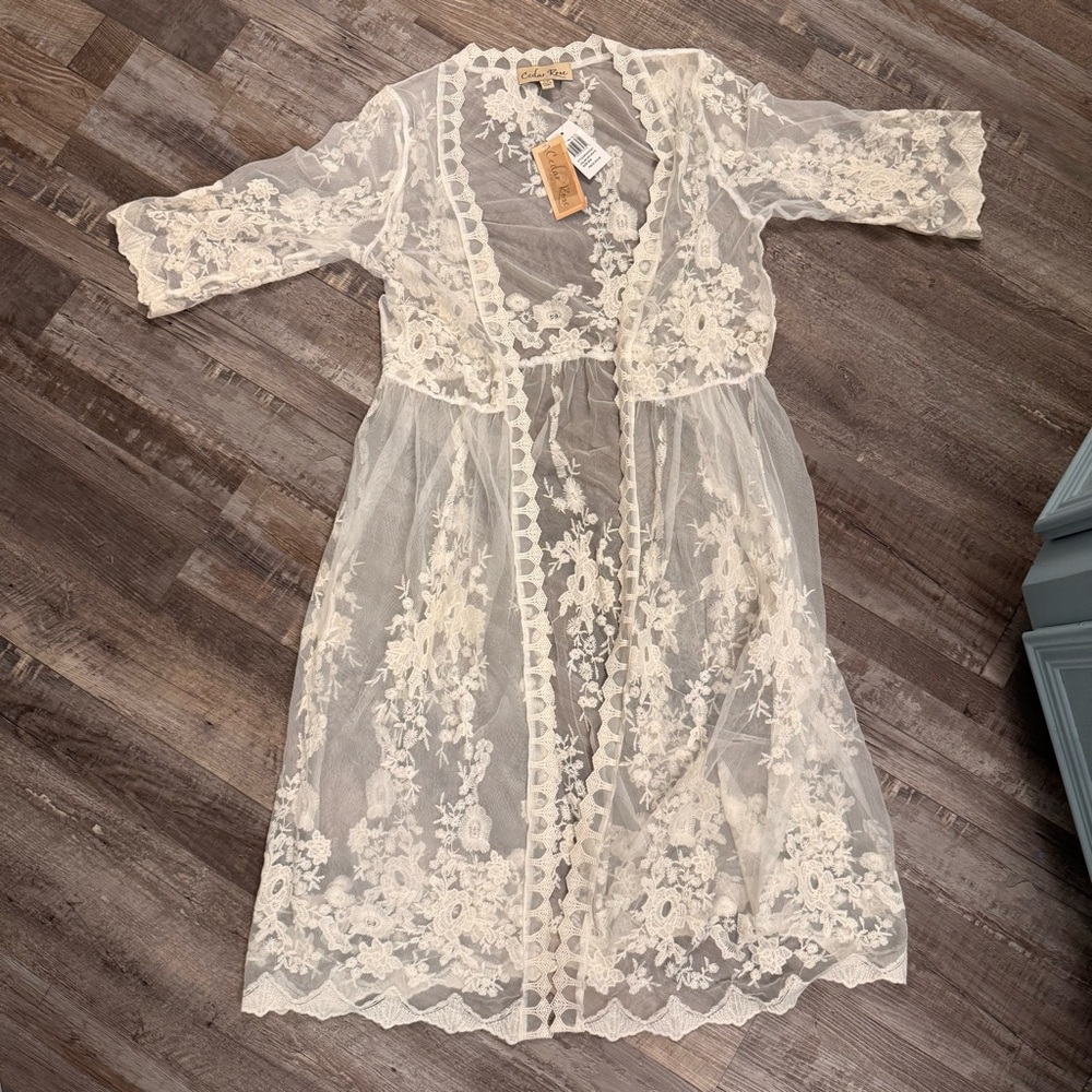 Cedar Rose Off-White Lace Kimono Cardigan Boho Duster S/M NWT